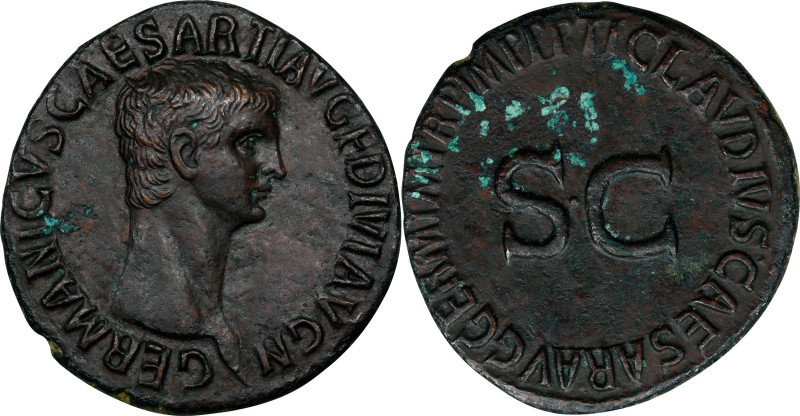 GERMANICUS (died A.D. 19). AE As (8.57), Rome Mint, A.D. 50-54. CHOICE VERY FINE...
