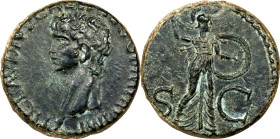 CLAUDIUS, A.D. 41-54. AE As (11.55 gms), Rome Mint, ca. A.D. 41-50. EXTREMELY FINE.
RIC-100. Obverse: Bare head of Claudius left; Reverse: Helmeted M...