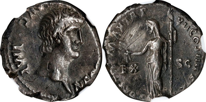 NERO, A.D. 54-68. AR Denarius (3.12 gms), Rome Mint, ca. A.D. 60-61. NGC Ch VF, ...