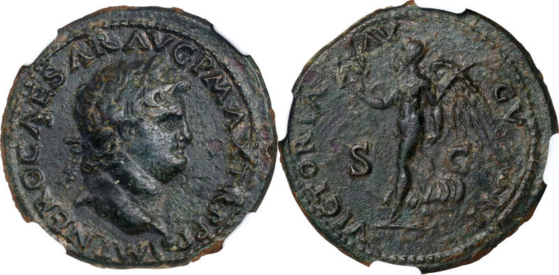 NERO, A.D. 54-68. AE Dupondius (13.91 gms), Lugdunum Mint, A.D. 66-67. NGC Ch VF...