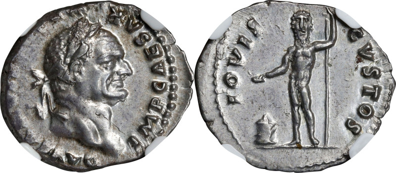 VESPASIAN, A.D. 69-79. AR Denarius (3.58 gms), Rome Mint, A.D. 76. NGC Ch AU, St...