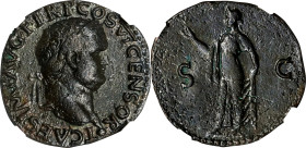 TITUS AS CAESAR, A.D. 69-79. AE As, Lugdunum Mint, ca. A.D. 77-78. NGC Ch VF.
RIC-1273 (Vespasian). Obverse: Laureate head right, globe at point of n...