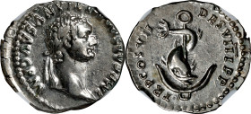 DOMITIAN, A.D. 81-96. AR Denarius, Rome Mint, A.D. 81. NGC EF.
RIC-2; RSC-551. Obverse: Laureate head right; Reverse: Dolphin coiled around anchor. A...