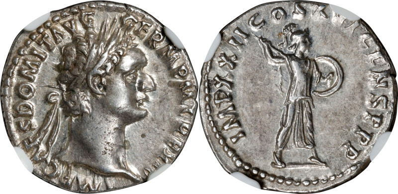 DOMITIAN, A.D. 81-96. AR Denarius (3.50 gms), Rome Mint, A.D. 92. NGC AU, Strike...