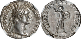 DOMITIAN, A.D. 81-96. AR Denarius (3.50 gms), Rome Mint, A.D. 92. NGC AU, Strike: 5/5 Surface: 5/5.
RIC-730; RSC-274. Obverse: Laureate bust right; R...