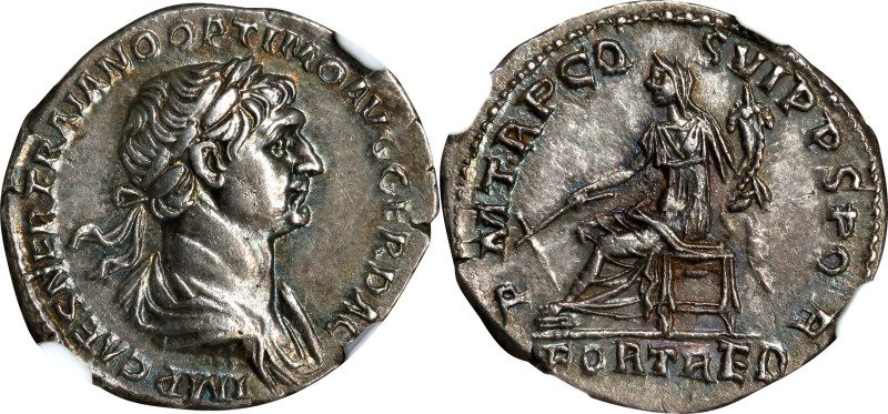 TRAJAN, A.D. 98-117. AR Denarius, Rome Mint, ca. A.D. 116-117. NGC AU.
RIC-318;...