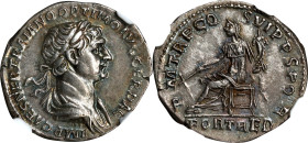 TRAJAN, A.D. 98-117. AR Denarius, Rome Mint, ca. A.D. 116-117. NGC AU.
RIC-318; RSC-154. Obverse: Laureate and draped bust right; Reverse: FORT RED i...