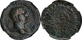 TRAJAN, A.D. 98-117. AE As (8.14 gms), Rome Mint, A.D. 103-111. NGC VF, Strike: 5/5 Surface: 2/5.
RIC-584. Obverse: Laureate head of Trajan right, ae...