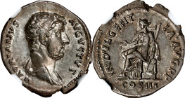 HADRIAN, A.D. 117-138. AR Denarius, Rome Mint, ca. A.D. 128-129. NGC Ch EF.
RIC-1020; RSC-845. Obverse: Laureate bust right, slight drapery; Reverse:...