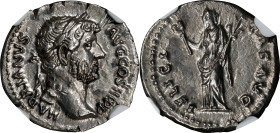 HADRIAN, A.D. 117-138. AR Denarius, Rome Mint, ca. A.D. 133-135. NGC AU. Marks.
RIC-2009; RSC-602. Obverse: Bare head right; Reverse: Felicitas stand...