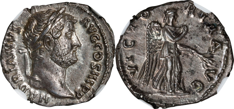 HADRIAN, A.D. 117-138. AR Denarius (3.11 gms), Rome Mint, A.D. 136. NGC MS, Stri...