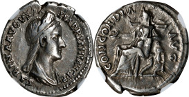 SABINA (WIFE OF HADRIAN). AR Denarius, Rome Mint, ca. A.D. 130-133. NGC VF.
RIC-2501 (Hadrian); RSC-12. Obverse: Draped bust right; Reverse: Concordi...