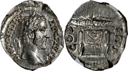 ANTONINUS PIUS, A.D. 138-161. AR Denarius (3.20 gms), Rome Mint, ca. A.D. 145-161. NGC MS, Strike: 5/5 Surface: 5/5.
RIC-137; RSC-345. Obverse: Laure...