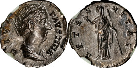 DIVA FAUSTINA SENIOR (WIFE OF ANTONINUS PIUS). AR Denarius, Rome Mint, ca. A.D. 146-161. NGC MS, Strike: 5/5 Surface: 3/5.
RIC-344 (Pius); RSC-26. Ob...