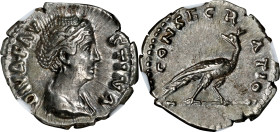 DIVA FAUSTINA SENIOR (WIFE OF ANTONINUS PIUS). AR Denarius, Rome Mint, ca. A.D. 146-161. NGC Ch EF.
RIC-384A (Pius); RSC-175. Obverse: Draped bust ri...