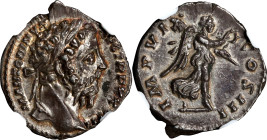 MARCUS AURELIUS, A.D. 161-180. AR Denarius, Rome Mint, ca. A.D. 172-173. NGC AU.
RIC-273; RSC-261. Obverse: Laureate head right; Reverse: Victory wal...