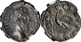 DIVUS MARCUS AURELIUS, died A.D. 180. AR Denarius (3.39 gms), Rome Mint, Struck under Commodus, A.D. 180. NGC AU, Strike: 4/5 Surface: 4/5.
RIC-269; ...