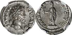 SEPTIMIUS SEVERUS, A.D. 193-211. AR Denarius (3.83 gms), Rome Mint, A.D. 201. NGC Ch EF, Strike: 5/5 Surface: 5/5.
RIC-265; RSC-205. Obverse: Laureat...