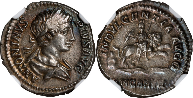 CARACALLA, A.D. 198-217. AR Denarius (3.60 gms), Rome Mint, A.D. 203. NGC AU, St...