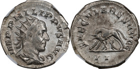 PHILIP I, A.D. 244-249. AR Double Denarius (Antoninianus), Rome Mint, A.D. 248. NGC EF.
RIC-15; RSC-178. Secular Games issue. Obverse: Radiate, drape...