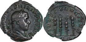 PHILIP I, A.D. 244-249. AE Sestertius, Rome Mint, A.D. 249. NGC Ch EF.
RIC-171A. Obverse: Laureate, draped, and cuirassed bust right; Reverse: Four s...