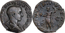PHILIP II AS CAESAR, A.D. 244-247. AE Sestertius (16.23 gms), Rome Mint, A.D. 246. NGC Ch VF, Strike: 4/5 Surface: 3/5.
RIC-256. Obverse: Bareheaded ...