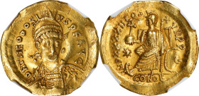 THEODOSIUS II, A.D. 402-450. AV Solidus, Constantinople Mint, ca. A.D. 441-450. NGC VF. Edge Marks, Scuffs, Wrinkled.
RIC-323. Obverse: Pearl-diademe...
