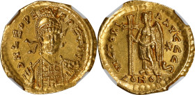 LEO I, A.D. 457-474. AV Solidus (4.48 gms), Constantinople Mint, 6th Officina, ca. A.D. 462 or 466. NGC AU, Strike: 4/5 Surface: 3/5. Edge Marks, Flan...
