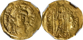 MAURICE TIBERIUS, 582-602. AV Solidus, Constantinople Mint, 10th Officina. NGC F. Clipped, Smoothing, Ex Jewelry.
S-478. Obverse: Helmeted, draped, a...