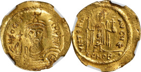 PHOCAS, 602-610. AV Solidus, Constantinople Mint, 5th Officina, 607-609. NGC Ch VF. Marks, Clipped, Wrinkled.
S-620. Obverse: Draped and cuirassed bu...