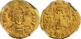 CONSTANTINE IV, 668-685. AV Solidus (4.47 gms), Constantinople Mint, 5th Officina, 674-681. NGC AU, Strike: 5/5 Surface: 1/5. Brushed, Edge Marks, Str...