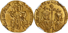 BASIL I with CONSTANTINE, 867-886. AV Solidus (4.43 gms), Constantinople Mint, 868-879. NGC Ch AU, Strike: 4/5 Surface: 2/5. Scuffs, Edge Bend.
S-170...
