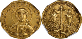 CONSTANTINE VII with ROMANUS II, 913-959. AV Solidus (4.36 gms), Constantinople Mint, 946-947. NGC EF, Strike: 3/5 Surface: 4/5. Flan Flaw.
S-1751. O...