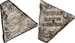 BOLIVIA. Cut 20 Centavos, ND (ca. 1871-85). EXTREMELY FINE.
cf. KM-154/159. Weight: 2.24 gms. 19 mm x 18 mm. Presumably cut to make change.

Estima...