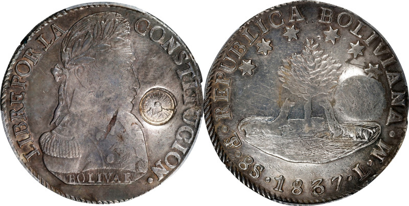 GUATEMALA. Guatemala - Bolivia. Contemporary Counterfeit Countermarked 8 Reales,...