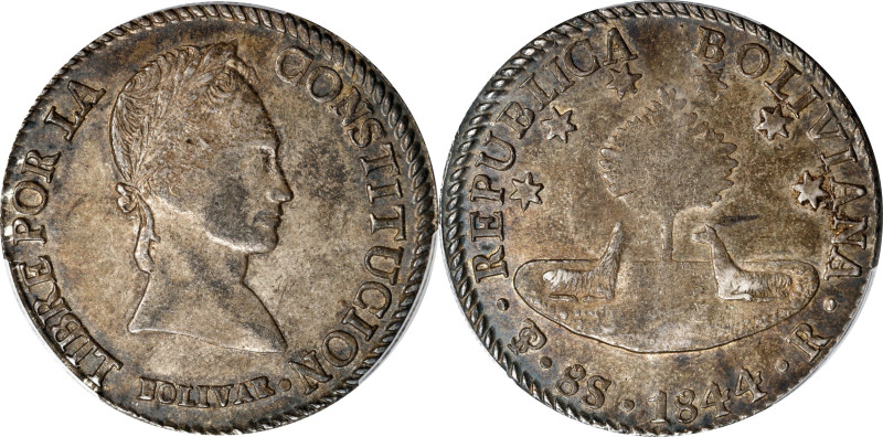 BOLIVIA. 8 Soles, 1844-PTS R. Potosi Mint. PCGS AU-55.
KM-103.

Estimate: $10...