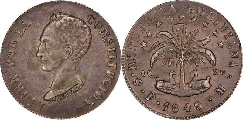 BOLIVIA. 8 Soles, 1849-PTS FM. Potosi Mint. NGC AU-55.
KM-109.

Estimate: $10...