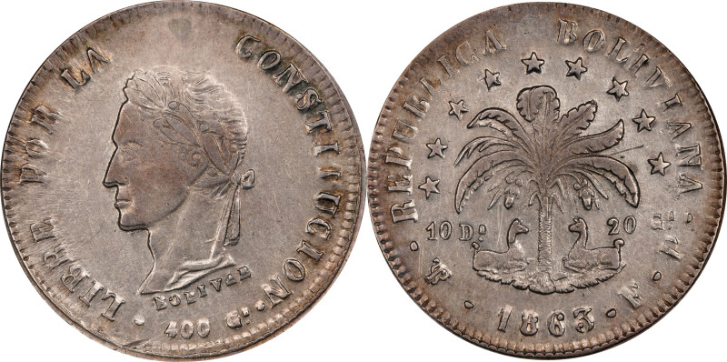 BOLIVIA. 8 Soles, 1863-PTS FP. Potosi Mint. NGC AU-53.
KM-138.6.

Estimate: $...