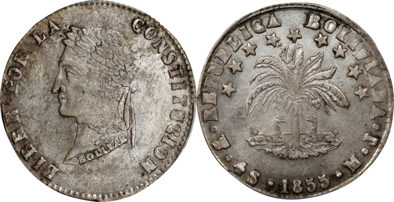 BOLIVIA. 4 Soles, 1855-PTS MJ. Potosi Mint. PCGS AU-58.
KM-123.2.

Estimate: ...