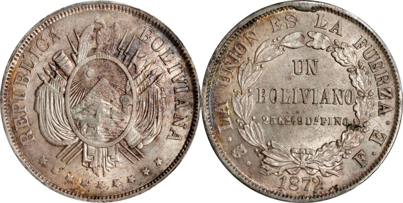 BOLIVIA. Boliviano, 1872-PTS FE. Potosi Mint. PCGS MS-61.
KM-160.1.
From the H...