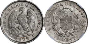 CHILE. 20 Centavos, 1879-So. Santiago Mint. NGC MS-64.
KM-138.2. Variety with fineness.

Estimate: $100.00- $200.00