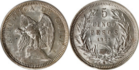 CHILE. 5 Pesos, 1927-So. Santiago Mint. PCGS MS-63.
KM-173.2. Variety with narrow 5 and "0,9".

Estimate: $150.00- $200.00