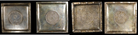 CHINA. Duo of Silver Coin Dishes (2 Pieces), ND (ca. 1930-60s). Average Grade: VERY FINE Details.
1) Square-shaped, with bamboo-style border, contain...