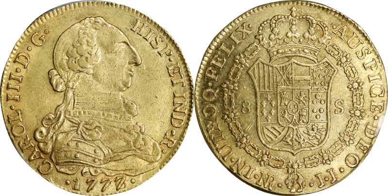 COLOMBIA. 8 Escudos, 1777/6-NR JJ. Bogota (Nuevo Reino) Mint. Charles III. PCGS ...