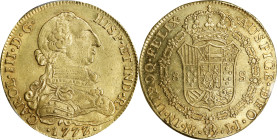 COLOMBIA. 8 Escudos, 1777/6-NR JJ. Bogota (Nuevo Reino) Mint. Charles III. PCGS Genuine--Bent, AU Details.
Fr-35; KM-50.1; Restrepo-72.13.

Estimat...