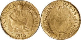 COLOMBIA. 5 Pesos, 1919. Bogota Mint. PCGS MS-63.
Fr-110; KM-195.1; Restrepo-453.5.

Estimate: $500.00- $600.00