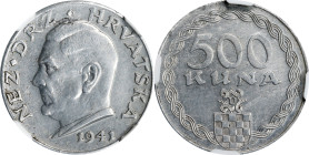 CROATIA. Aluminum 500 Kuna Pattern, 1941. NGC AU-58.
KM-Pn39.
From the Augustana Collection.

Estimate: $200.00- $300.00