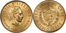 CUBA. 5 Pesos, 1915. Philadelphia Mint. PCGS MS-64.
Fr-4; KM-19. AGW: 0.2419 oz.

Estimate: $700.00- $1000.00