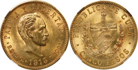 CUBA. 5 Pesos, 1915. Philadelphia Mint. NGC MS-62.
Fr-4; KM-19. AGW: 0.2419 oz.

Estimate: $500.00- $700.00