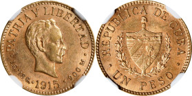 CUBA. Gold Peso, 1915. Philadelphia Mint. NGC AU-58.
Fr-7; KM-16.
From the Augustana Collection.

Estimate: $300.00- $500.00